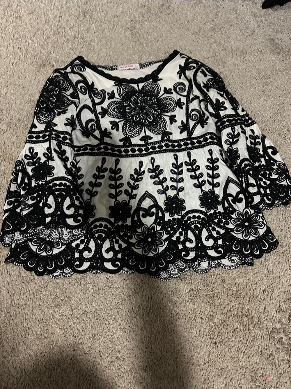 White Tunic Top with Black Floral Embroidery